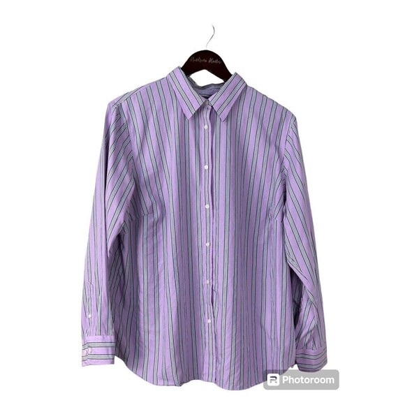 Chaps Womens Plus Size 1X Purple Green Striped Long Sleeve No Iron Button Up T4 - Picture 1 of 12